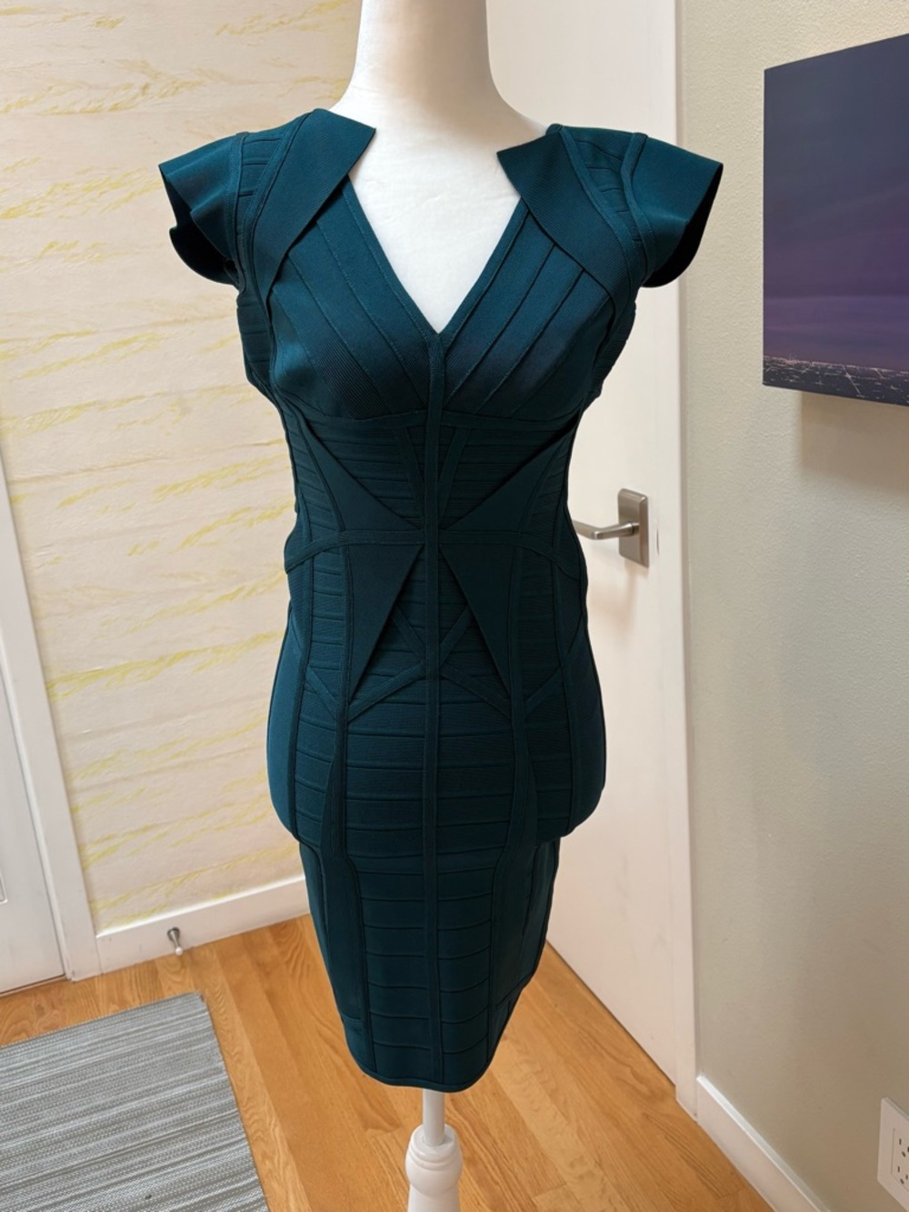 Herve Leger Deep Teal Bandage V-Neck Midi Dress